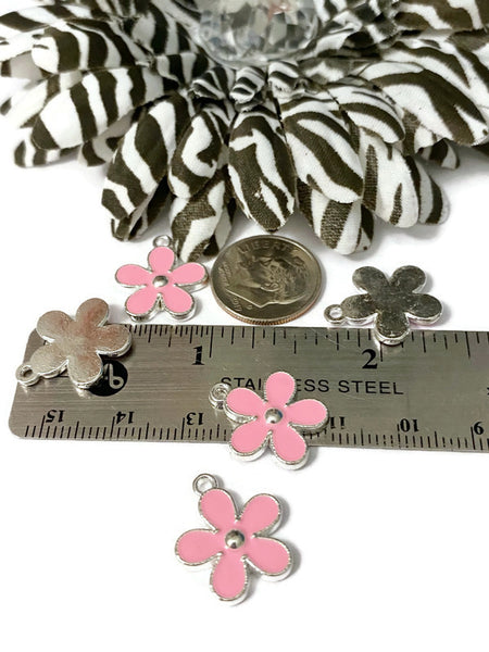 5 Pc Light Pink Forget-Me-Not Style Enamel Flower Charm - Breast Cancer Awareness Support Hope Cure Survivor Fighter DIY Jewelry Charms