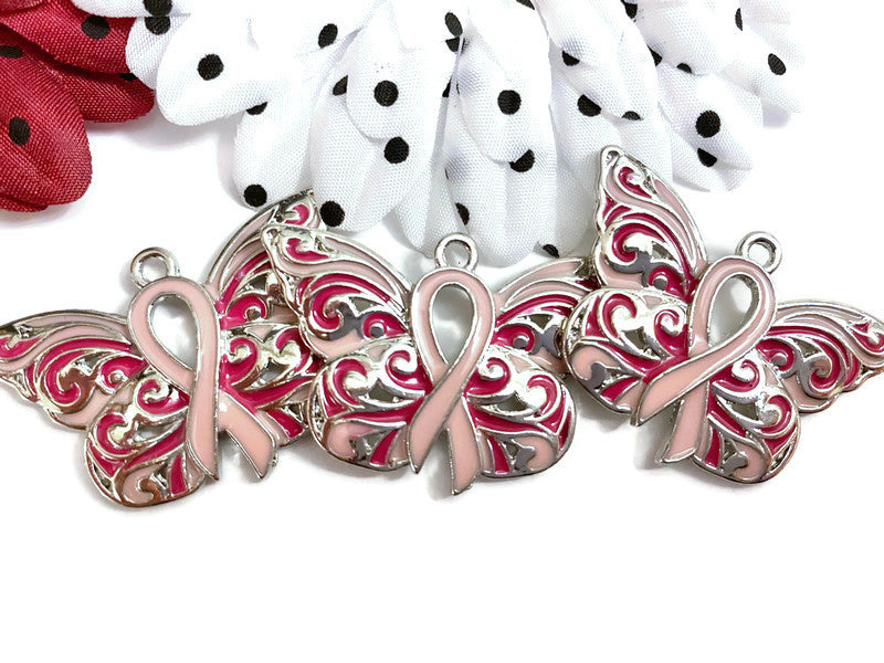 1 Pc Pink Butterfly Ribbon Pendant Charm - Breast Cancer Support Hope Cure Fight Jewelry Survivor Save the Tatas DIY Ornament Charms