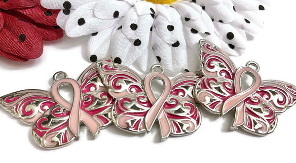 1 Pc Pink Butterfly Ribbon Pendant Charm - Breast Cancer Support Hope Cure Fight Jewelry Survivor Save the Tatas DIY Ornament Charms