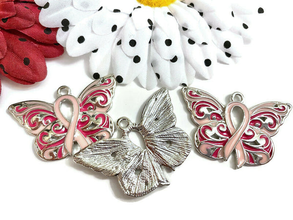 1 Pc Pink Butterfly Ribbon Pendant Charm - Breast Cancer Support Hope Cure Fight Jewelry Survivor Save the Tatas DIY Ornament Charms