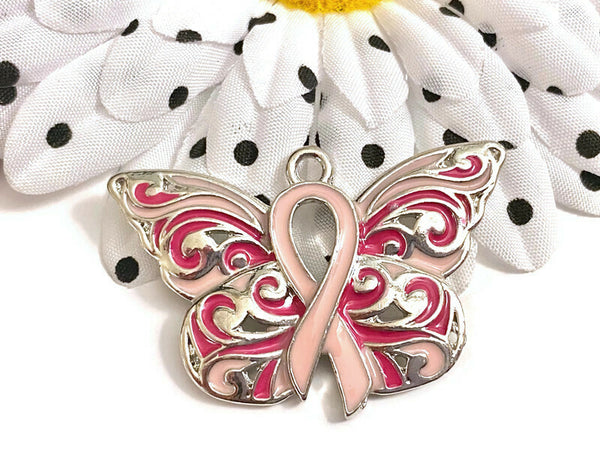 1 Pc Pink Butterfly Ribbon Pendant Charm - Breast Cancer Support Hope Cure Fight Jewelry Survivor Save the Tatas DIY Ornament Charms