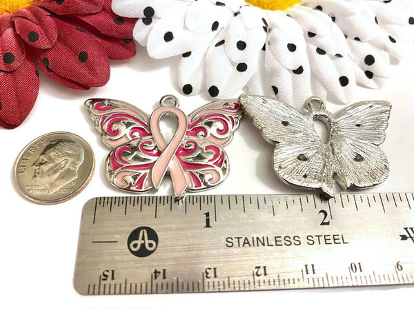 1 Pc Pink Butterfly Ribbon Pendant Charm - Breast Cancer Support Hope Cure Fight Jewelry Survivor Save the Tatas DIY Ornament Charms