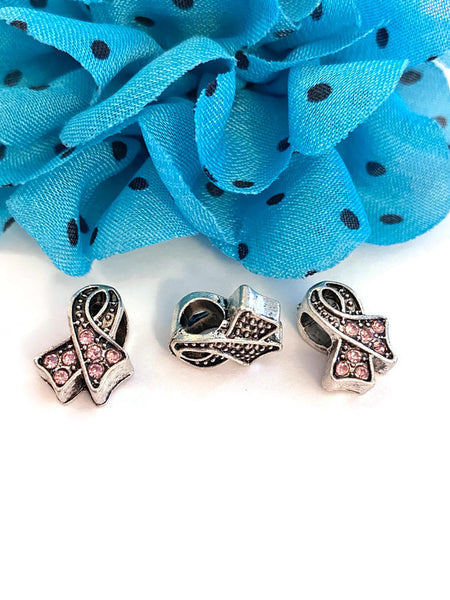 Pink Rhinestone Bling Awareness Ribbon Slide Bead Charms - Breast Cancer Support Hope Cure Jewelry Survivor Save the Tatas Bead Charms