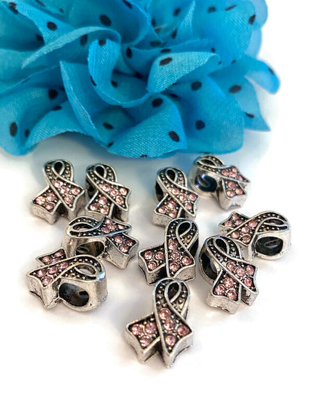 Pink Rhinestone Bling Awareness Ribbon Slide Bead Charms - Breast Cancer Support Hope Cure Jewelry Survivor Save the Tatas Bead Charms