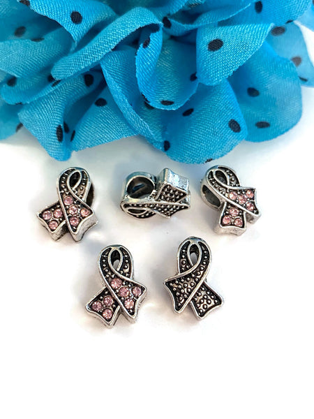 Pink Rhinestone Bling Awareness Ribbon Slide Bead Charms - Breast Cancer Support Hope Cure Jewelry Survivor Save the Tatas Bead Charms