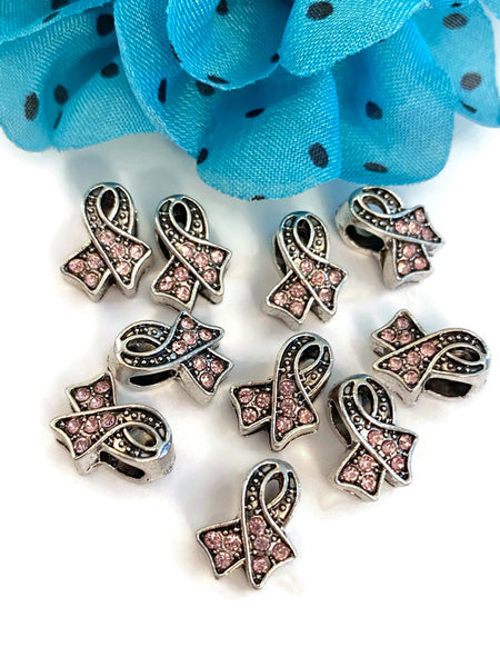 Pink Rhinestone Bling Awareness Ribbon Slide Bead Charms - Breast Cancer Support Hope Cure Jewelry Survivor Save the Tatas Bead Charms