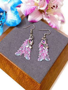 Pink & Blue Hope Feather Awareness Drop Earrings - Hope Cancer Cure Support Inspirational Gifts Jewelry Awareness Bling Survivor Believe