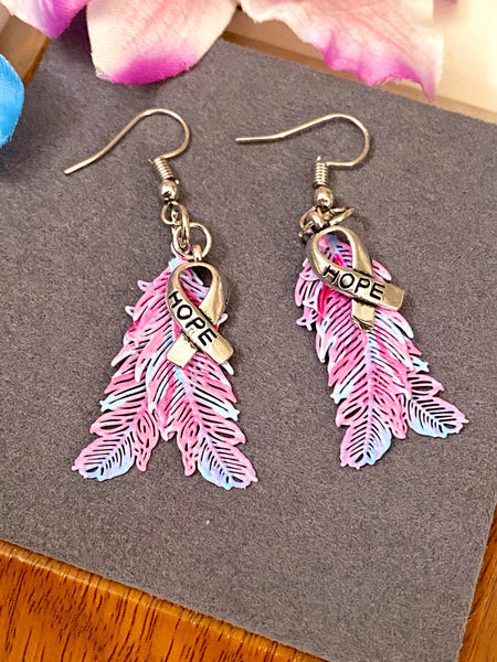 Pink & Blue Hope Feather Awareness Drop Earrings - Hope Cancer Cure Support Inspirational Gifts Jewelry Awareness Bling Survivor Believe