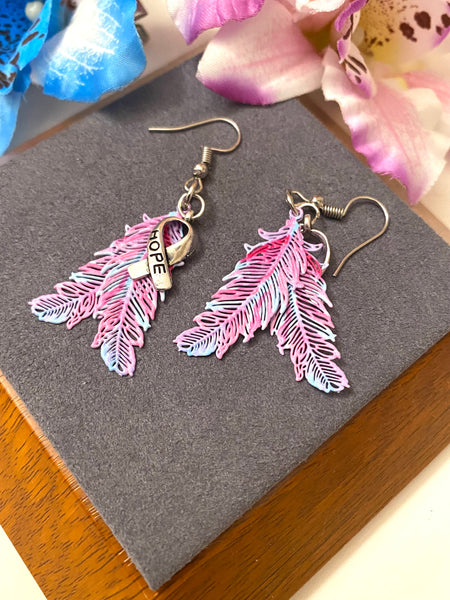 Pink & Blue Hope Feather Awareness Drop Earrings - Hope Cancer Cure Support Inspirational Gifts Jewelry Awareness Bling Survivor Believe