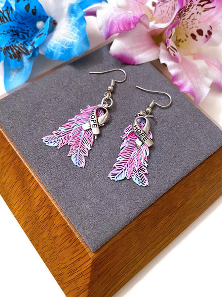 Pink & Blue Hope Feather Awareness Drop Earrings - Hope Cancer Cure Support Inspirational Gifts Jewelry Awareness Bling Survivor Believe