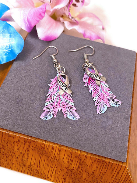 Pink & Blue Hope Feather Awareness Drop Earrings - Hope Cancer Cure Support Inspirational Gifts Jewelry Awareness Bling Survivor Believe