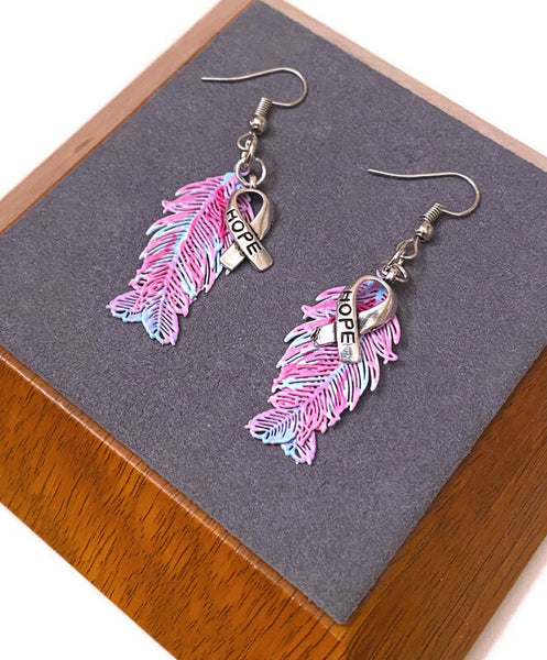 Pink & Blue Hope Feather Awareness Drop Earrings - Hope Cancer Cure Support Inspirational Gifts Jewelry Awareness Bling Survivor Believe