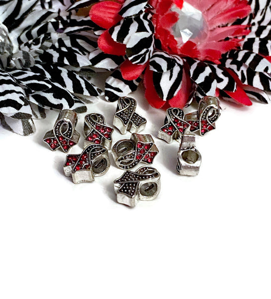 Red Rhinestone Awareness Ribbon Slide Bead - Hope Cancer Support Jewelry Heart Disease HIV/AIDS Substance Abuse M.A.D.D. Red Ribbon Week