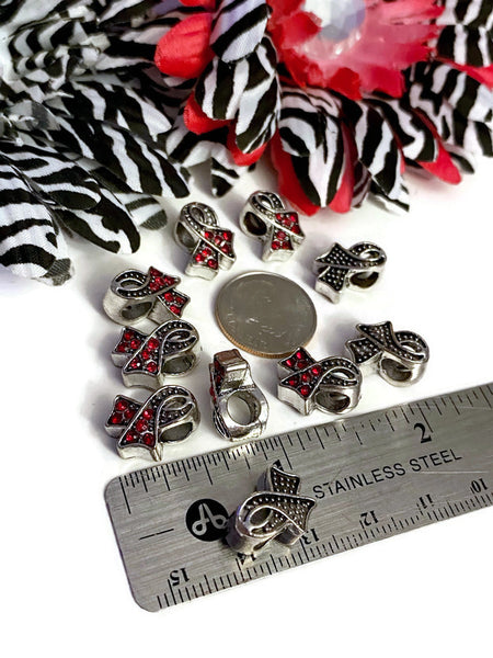 Red Rhinestone Awareness Ribbon Slide Bead - Hope Cancer Support Jewelry Heart Disease HIV/AIDS Substance Abuse M.A.D.D. Red Ribbon Week