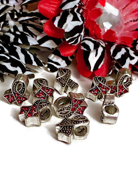 Red Rhinestone Awareness Ribbon Slide Bead - Hope Cancer Support Jewelry Heart Disease HIV/AIDS Substance Abuse M.A.D.D. Red Ribbon Week