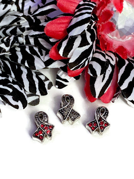 Red Rhinestone Awareness Ribbon Slide Bead - Hope Cancer Support Jewelry Heart Disease HIV/AIDS Substance Abuse M.A.D.D. Red Ribbon Week