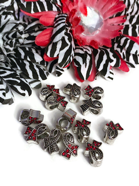 Red Rhinestone Awareness Ribbon Slide Bead - Hope Cancer Support Jewelry Heart Disease HIV/AIDS Substance Abuse M.A.D.D. Red Ribbon Week