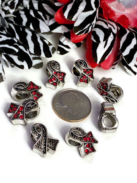 Red Rhinestone Awareness Ribbon Slide Bead - Hope Cancer Support Jewelry Heart Disease HIV/AIDS Substance Abuse M.A.D.D. Red Ribbon Week