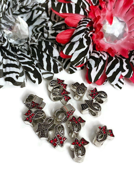 Red Rhinestone Awareness Ribbon Slide Bead - Hope Cancer Support Jewelry Heart Disease HIV/AIDS Substance Abuse M.A.D.D. Red Ribbon Week