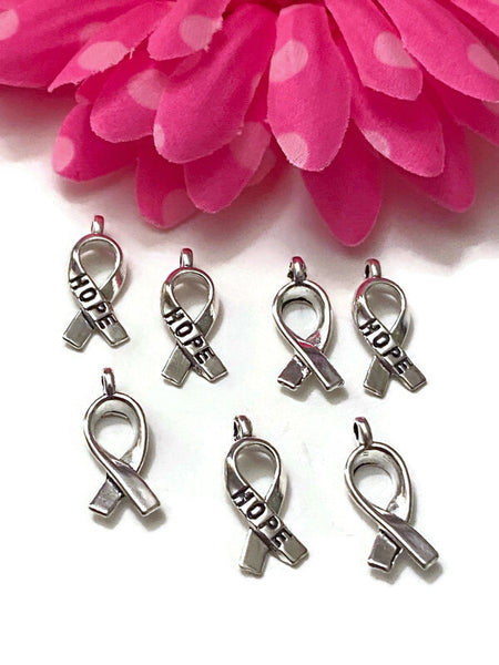 Small Silver Hope Awareness Ribbon Charm - Hope Cancer Cure Support Awareness Illness Recovery Survivor Fight DIY Charms Jewelry