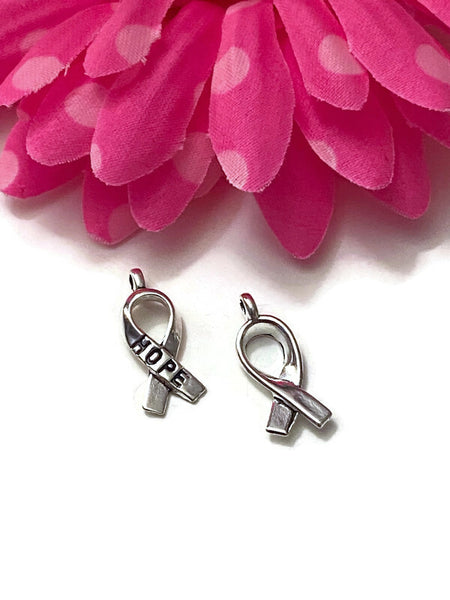 Small Silver Hope Awareness Ribbon Charm - Hope Cancer Cure Support Awareness Illness Recovery Survivor Fight DIY Charms Jewelry