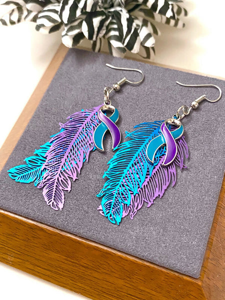 Suicide Feather Handmade Charm Awareness Earrings - Suicide Awareness Support Loss Hope My Story Isn't Over Yet Feather Earrings Gifts