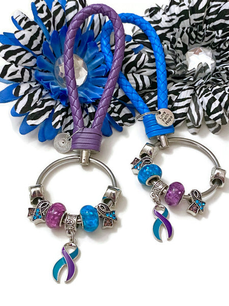 1Pc Teal/Purple Suicide Awareness Bead Dangle Keychain Ring - Suicide Prevention Loss Mental Health Hope Support Awareness Gifts Jewelry