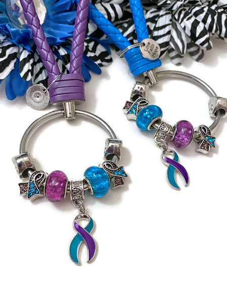 1Pc Teal/Purple Suicide Awareness Bead Dangle Keychain Ring - Suicide Prevention Loss Mental Health Hope Support Awareness Gifts Jewelry