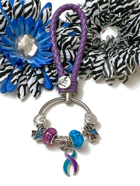 1Pc Teal/Purple Suicide Awareness Bead Dangle Keychain Ring - Suicide Prevention Loss Mental Health Hope Support Awareness Gifts Jewelry