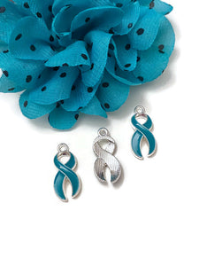 Teal Classic Style Enamel Awareness Ribbon Charm - Ovarian Cancers Anti Bullying Anxiety Disorder Sexual Assault OCD Substance Abuse PTSD