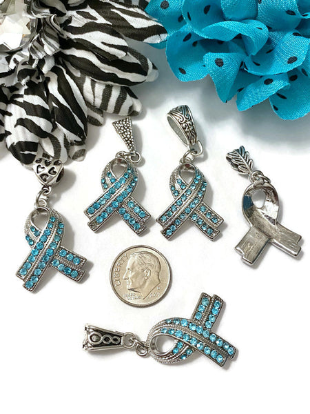 1 Pc Teal Luxurious Rhinestone Awareness Ribbon Pendant - Ovarian Cancer Anxiety Disorders Anti-Bullying PTSD OCD Hope Support Cure Survivor