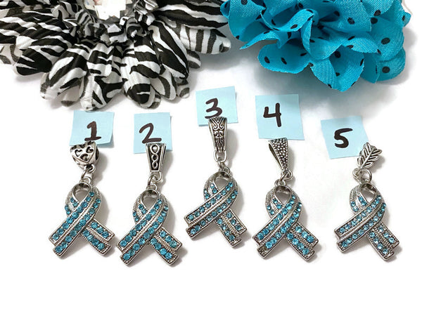 1 Pc Teal Luxurious Rhinestone Awareness Ribbon Pendant - Ovarian Cancer Anxiety Disorders Anti-Bullying PTSD OCD Hope Support Cure Survivor