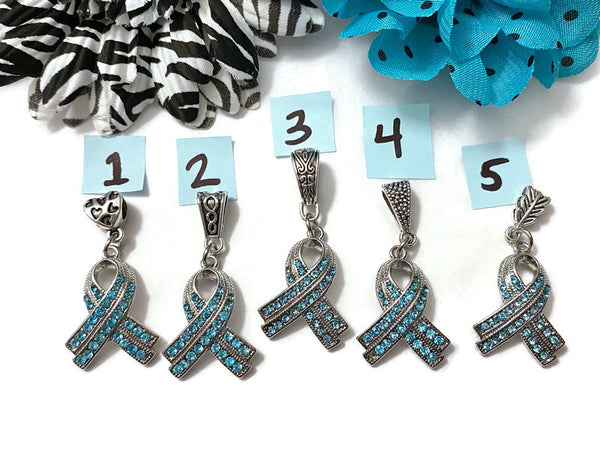 1 Pc Teal Luxurious Rhinestone Awareness Ribbon Pendant - Ovarian Cancer Anxiety Disorders Anti-Bullying PTSD OCD Hope Support Cure Survivor