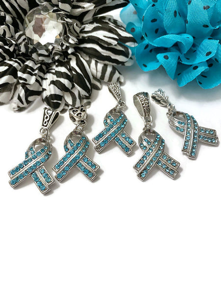 1 Pc Teal Luxurious Rhinestone Awareness Ribbon Pendant - Ovarian Cancer Anxiety Disorders Anti-Bullying PTSD OCD Hope Support Cure Survivor