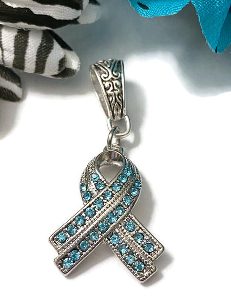 1 Pc Teal Luxurious Rhinestone Awareness Ribbon Pendant - Ovarian Cancer Anxiety Disorders Anti-Bullying PTSD OCD Hope Support Cure Survivor