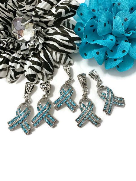 1 Pc Teal Luxurious Rhinestone Awareness Ribbon Pendant - Ovarian Cancer Anxiety Disorders Anti-Bullying PTSD OCD Hope Support Cure Survivor