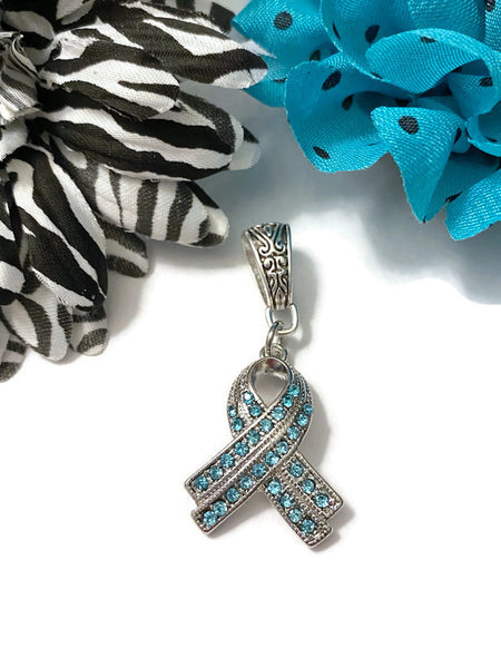 1 Pc Teal Luxurious Rhinestone Awareness Ribbon Pendant - Ovarian Cancer Anxiety Disorders Anti-Bullying PTSD OCD Hope Support Cure Survivor