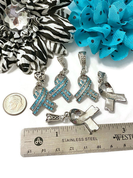 1 Pc Teal Luxurious Rhinestone Awareness Ribbon Pendant - Ovarian Cancer Anxiety Disorders Anti-Bullying PTSD OCD Hope Support Cure Survivor