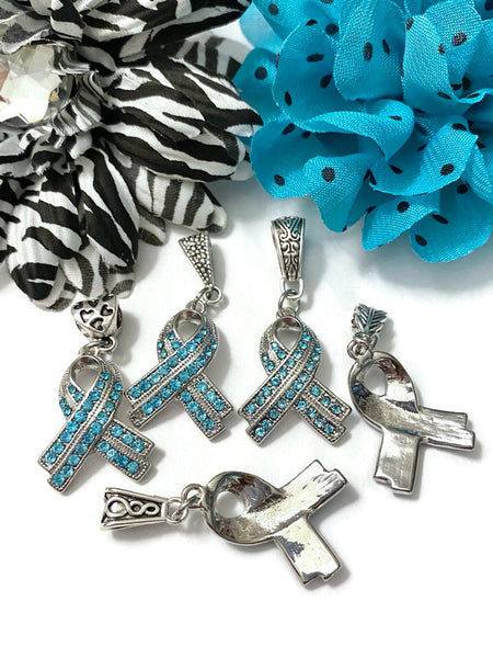 1 Pc Teal Luxurious Rhinestone Awareness Ribbon Pendant - Ovarian Cancer Anxiety Disorders Anti-Bullying PTSD OCD Hope Support Cure Survivor