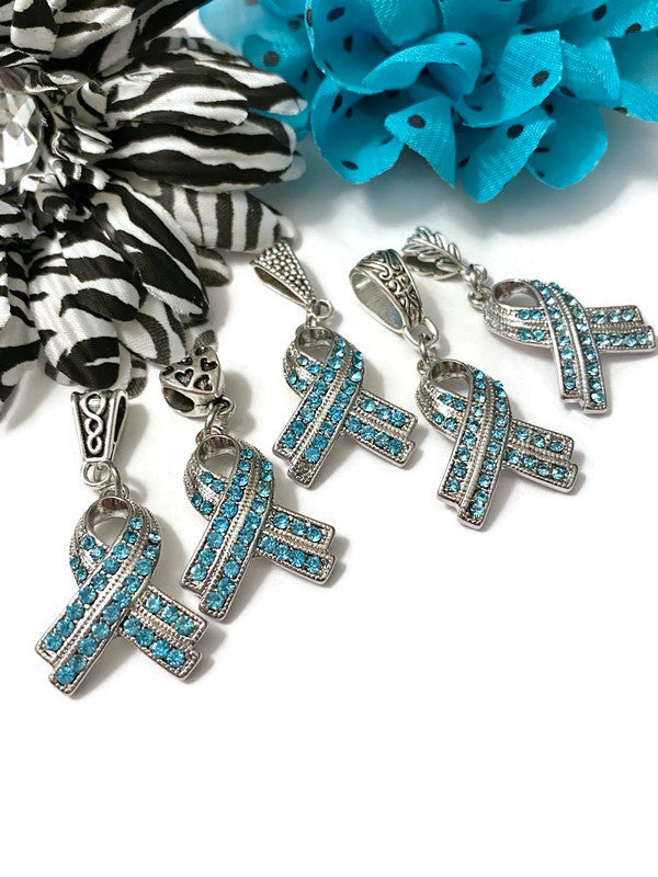 1 Pc Teal Luxurious Rhinestone Awareness Ribbon Pendant - Ovarian Cancer Anxiety Disorders Anti-Bullying PTSD OCD Hope Support Cure Survivor