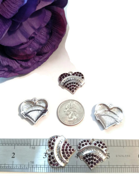 Purple Alzheimer's Crystal Heart Awareness Pendant Charms - 5 Pc