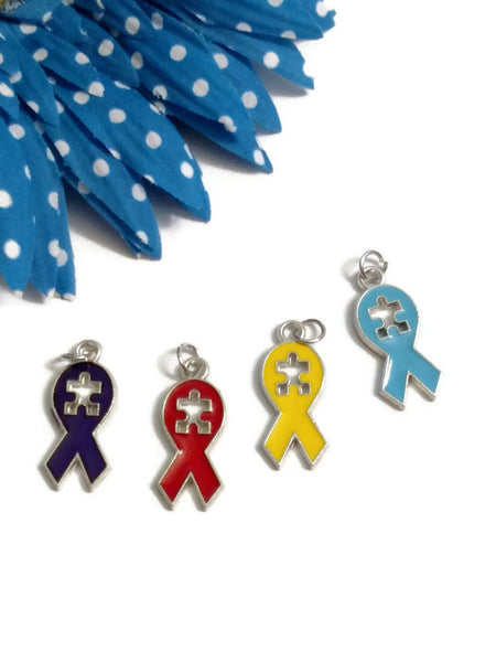 Set Of Autism Awareness Enamel Pendant Charms - Puzzle Inspirational Autistic Primary Color Ribbon Asperger's Spectrum Disorders Jewelry