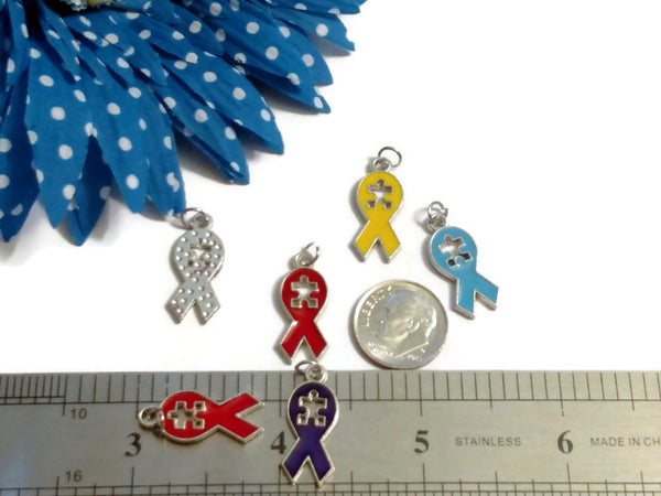 Set Of Autism Awareness Enamel Pendant Charms - Puzzle Inspirational Autistic Primary Color Ribbon Asperger's Spectrum Disorders Jewelry