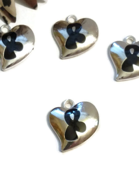 5 Pc Black Awareness Heart Ribbon Enamel Charms - Melanoma POW's Sleep Disorders Narcolepsy Hope Cancer Jewelry Support Survivor Cure