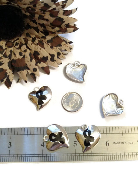 5 Pc Black Awareness Heart Ribbon Enamel Charms - Melanoma POW's Sleep Disorders Narcolepsy Hope Cancer Jewelry Support Survivor Cure