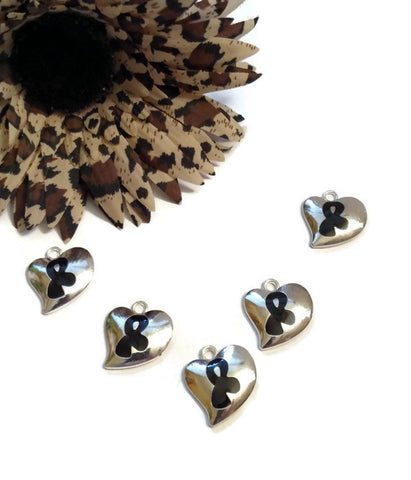 5 Pc Black Awareness Heart Ribbon Enamel Charms - Melanoma POW's Sleep Disorders Narcolepsy Hope Cancer Jewelry Support Survivor Cure