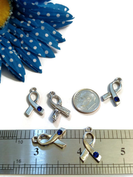 Blue Crystal Awareness Ribbon Pendant Charms 5 Pc- Hope Cancer Jewelry Colon Cancer Child Abuse Arthritis Prostate Men’s Health Alopecia