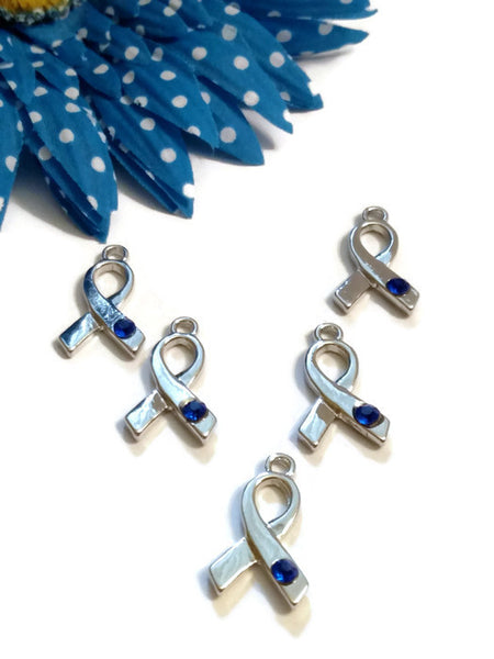 Blue Crystal Awareness Ribbon Pendant Charms 5 Pc- Hope Cancer Jewelry Colon Cancer Child Abuse Arthritis Prostate Men’s Health Alopecia