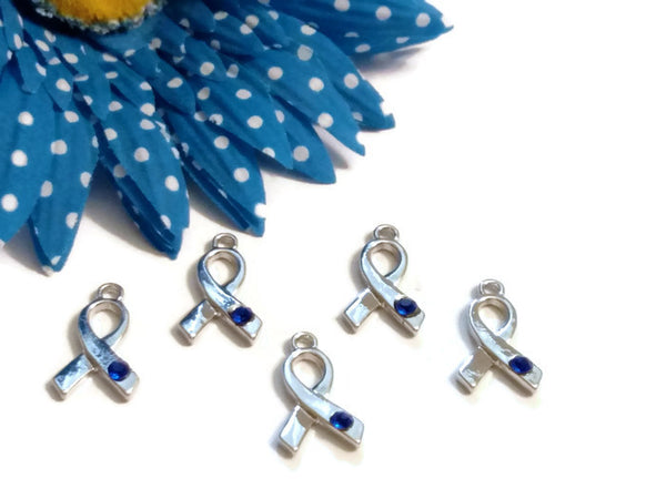 Blue Crystal Awareness Ribbon Pendant Charms 5 Pc- Hope Cancer Jewelry Colon Cancer Child Abuse Arthritis Prostate Men’s Health Alopecia