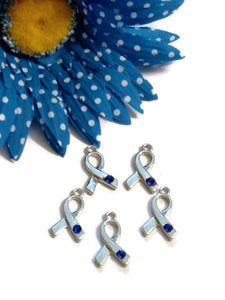 Blue Crystal Awareness Ribbon Pendant Charms 5 Pc- Hope Cancer Jewelry Colon Cancer Child Abuse Arthritis Prostate Men’s Health Alopecia